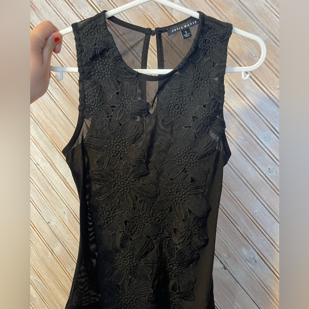 Haute Monde black mesh black floral embroidered lace sheer tank bodysuit detail